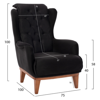 Fotel bergere Bennington Velvet HM9313.01, 75x100x100 cm, kadife, e zezë