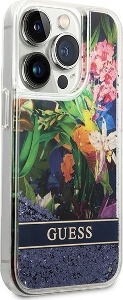 Kapak telefoni Guess Flower Liquid Glitter për iPhone 14 Pro Max, hardcase, blu