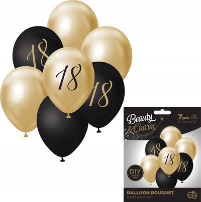 Balona dekorative Godan Beauty&amp;Charm 18 vjet, set me 7 copë, 30 cm, të arta dhe të zeza