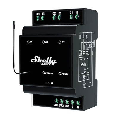 Ndërprerës smart Shelly Wave Pro 3, 3 kanale 16A, Z-Wave 800, i zi