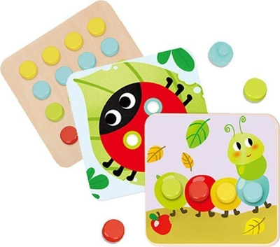 Lojë druri me kunja Tooky Toy Pattern Pegs Big, edukative, me figura insektesh, shumëngjyrëshe
