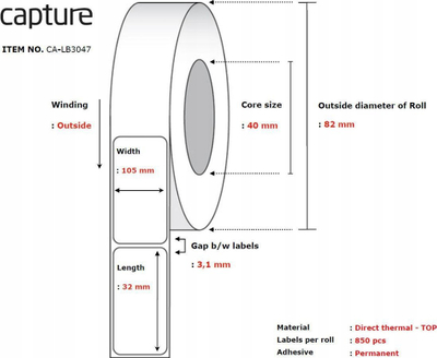 Rrotull etiketash termike Capture CA-LB3047, vetëngjitëse, e bardhë
