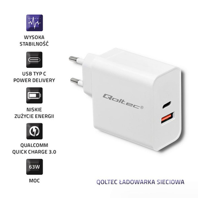 Karikues energjie Qoltec 51715, 63W, Power Delivery, i bardhë
