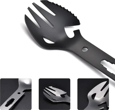 Mjet kampingu DA41 Tourist Essentials, 8 në 1, çelik inox, i zi
