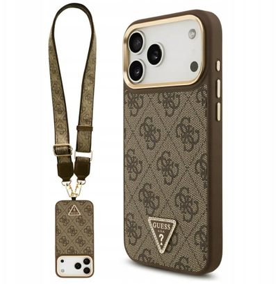 Mbrojtëse telefoni Guess 4G Triangle Logo Big Strap, MagSafe, për iPhone 17 Pro Max, kafe