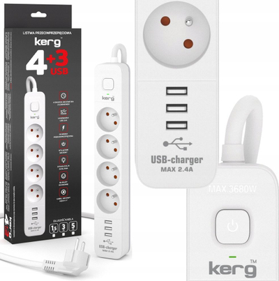 Prizë zgjatuese Kerg, 4 dalje, 3 porta USB, 1.5 m, e bardhë