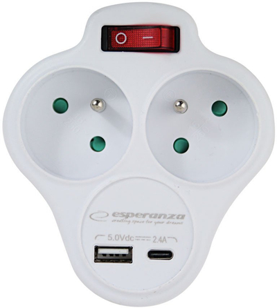 Shpërndarës elektrik Esperanza ELK311W, 2x prizë, USB A USB C, i bardhë