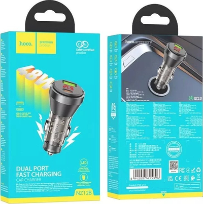 Karikues makine Hoco NZ12B, 48W, USB A USB C, me ekran digjital, transparent i zi