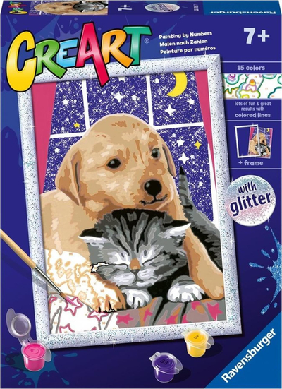 Set pikture me numra Ravensburger CreArt Furry Friends, 7+, me shkëlqim