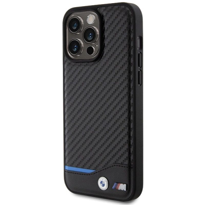Kapak telefoni BMW Leather Carbon Blue Line për iPhone 15 Pro Max, lëkurë karboni, i zi me vijë blu