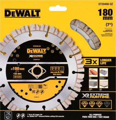 Disk prerës diamanti DeWALT DT20468, 180mm, për beton dhe tullë, i verdhë