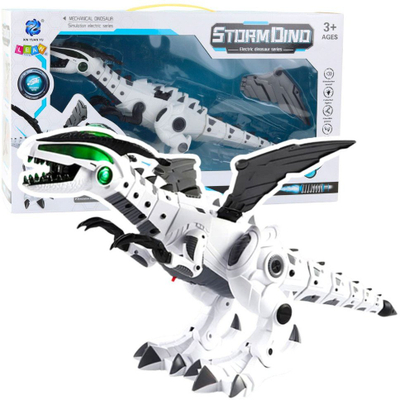 Lodër robot dinozaur LeanToys StormDino, me bateri, drita dhe tinguj, i bardhë