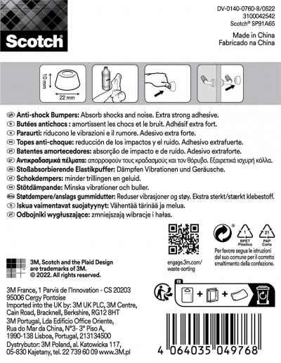 Jastëkë mbrojtës dere Scotch Anti Shock, 4 copë, 22 mm, transparentë