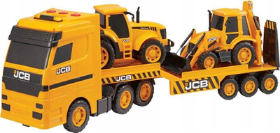 Set lodrash ndërtimi JCB Heavy Load Transporter Truck, kamion me rimorkio dhe eskavator, me dritë edhe zë, i verdhë