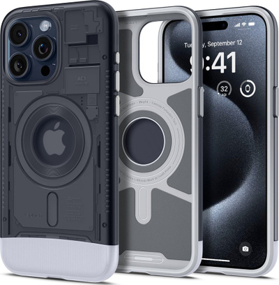 Kuti mbrojtëse Spigen Classic C1 Mag MagSafe për iPhone 15 Pro Max, gjysmë e tejdukshme, grafit