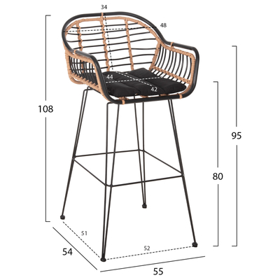 Stol bari Allegra HM5690.11, metal dhe ratan sintetik, 108 cm, i zi dhe bezhë