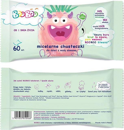 Peceta të lagura për fëmijë Booboo Aloe Vera, 60 copë