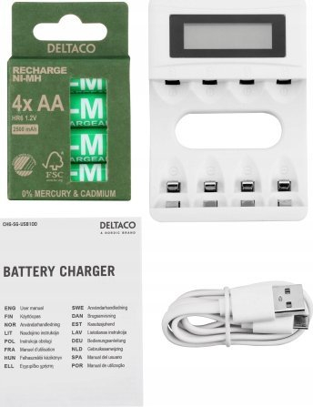 Karikues baterish DELTACO Ultimate Ni-Mh USB, me 4 copë AA, i bardhë