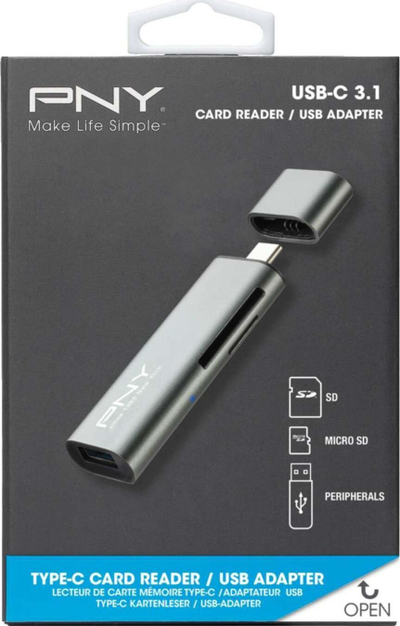 Lexues karte PNY R-TC-UA-3N1E01-RB, USB C dhe USB A, SD edhe microSD, gri