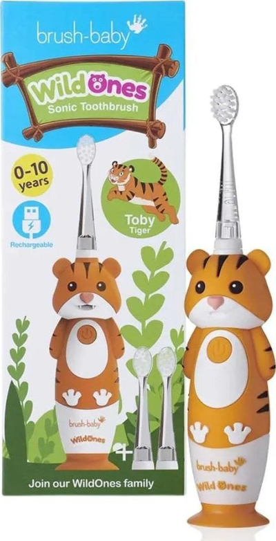 Furçë dhëmbësh elektrike për kalamajt Brush-Baby WildOnes Tiger, timer 2 min, 3 koka, shumëngjyrëshe