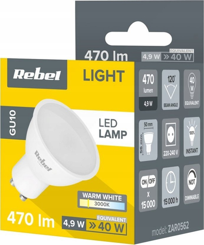 Llambë LED GU10, 4.9W, 470lm 3000K, dritë e ngrohtë e bardhë