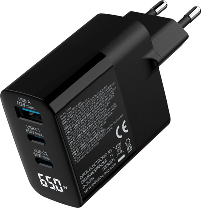 Karikues muri InLine GaN PD 65W, me 3 porta USB-C edhe USB-A, me ekran, i bardhë