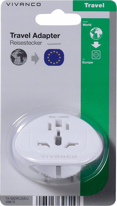 Adapter udhëtimi World Europe, shumëfishtë, hyrje ndërkombëtare, dalje BE, i bardhë