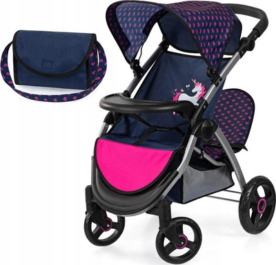 Karrocë lodrash Bayer Design Twin Star, për kuklla 46cm, me çantë shpatulle, blu rozë me njëbrirësh