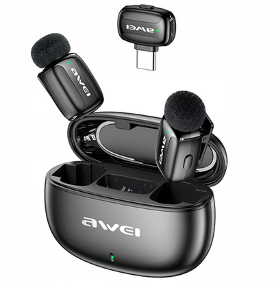 Mikrofon lavalier pa tel Awei MK5 Duo Ai-Voice, dyfish, me kasë karikimi, i zi
