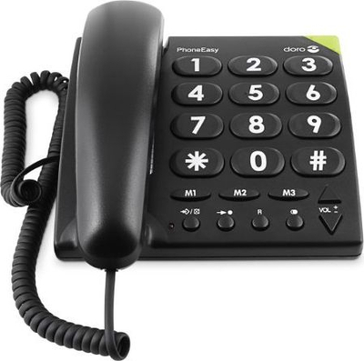 Telefoni fiks Doro PhoneEasy 311C, me kabllo, me butona të mëdhenj, i zi