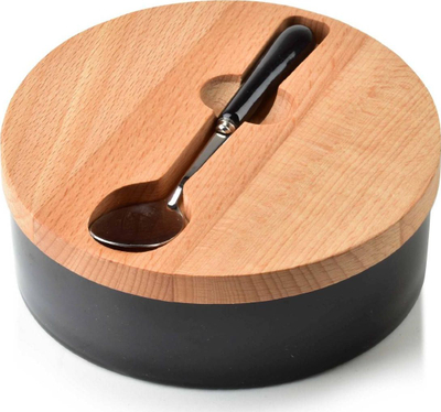 Enë sheqeri Basic Kitchen Affek Design, porcelani 400 ml, kapak bambu me lugë, e zezë