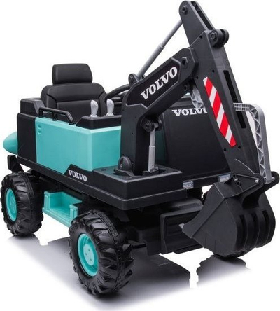 Eskavator elektrik për kalamaj Volvo, me goma të mëdhaja, me krah gërmimi që punon, i zi me jeshile