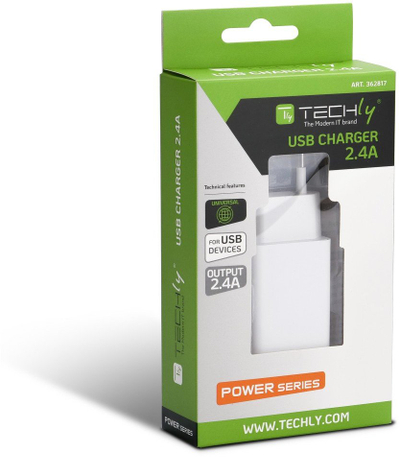 Karikues muri Techly USB A, 5V 2.4A 12W, i bardhë