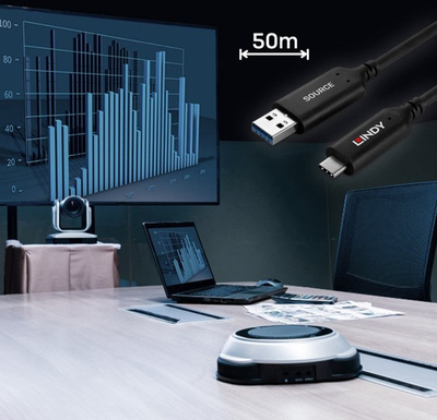 Kабел USB Lindy, 50 m, USB 3.2 Gen 1 Type A во C, оптичко влакно