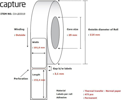 Rrotull etiketa Capture Label 101.6x152.4, ngjitje e fortë, të bardha