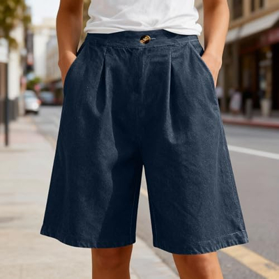 Shorce bermuda xhinsi për gra Piuwrlz, beli i lartë elastik, me xhepa, blu navy, S