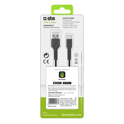 Kabllo USB SBS Mobile TECABLEMICROC15K, USB A me USB C, 1.5m, e zezë