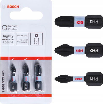 Set bitash kaçavide Bosch Impact Control, PH1 PH2 PH3, 25mm, 3 copë