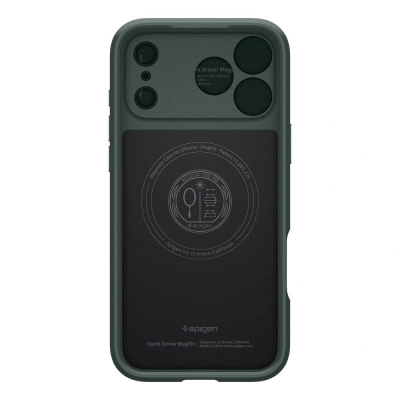 Mbulesë telefoni Spigen Optik Armor MagSafe për iPhone 17 Pro, me kapak kamere, jeshile Abyss
