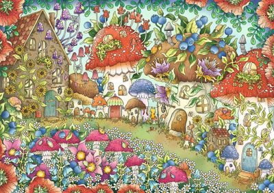 Puzzle Ravensburger Cute Little Mushroom Houses in the Flower Meadow, 1000 copa, ilustrim me plot ngjyra