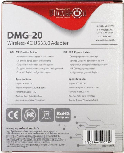 Adapter Wi Fi PowerOn DMG-20, USB 3.0, 1200 Mbps, i zi