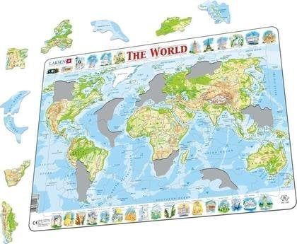 Puzzle hartë bote Larsen World Map Maxi, 80 pjesë, 36.5 x 28.5 cm, shumëngjyrësh