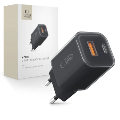 Полнач за ѕид Tech-Protect NCM33W, 33W PD QC3.0, 2 USB порти, црн