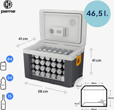 Frigorifer turistik Peme Essential 50 Adventure, 46.5L, termoelektrik 12V 230V, gri e portokalltë