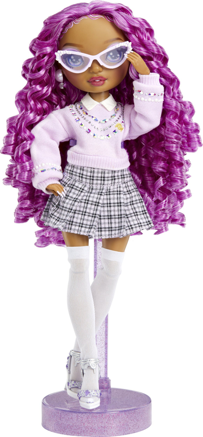 Kukull Rainbow High Lilac Purple Fashion Doll, me boçka, flokë të gjata lejla