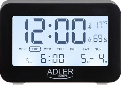 Orë me zile Adler AD 1196B, ekran me dritë, 3 alarme, plastikë e zezë