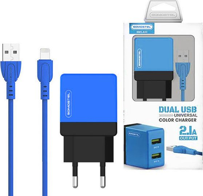 Karikues murit Somostel SMS-A53, 2xUSB 2.1A, me kabllo Lightning, blu