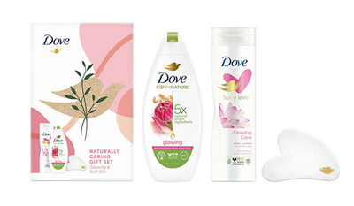 Set për trup Dove Gua Sha Glowing, xhel dushi 200 ml + losion për trup + 225 ml + guri masazhues