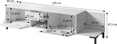 Kredencë TV Cama Meble Marmo 2D1S1K, 195x40x47.5 cm, PAL, e bardhë mat me mermer të bardhë