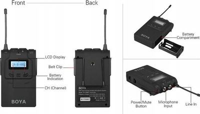 Mikrofon lavalier wireless BOYA BY-WM8 PRO, sistem UHF, për iPhone Android DSLR PC, i zi